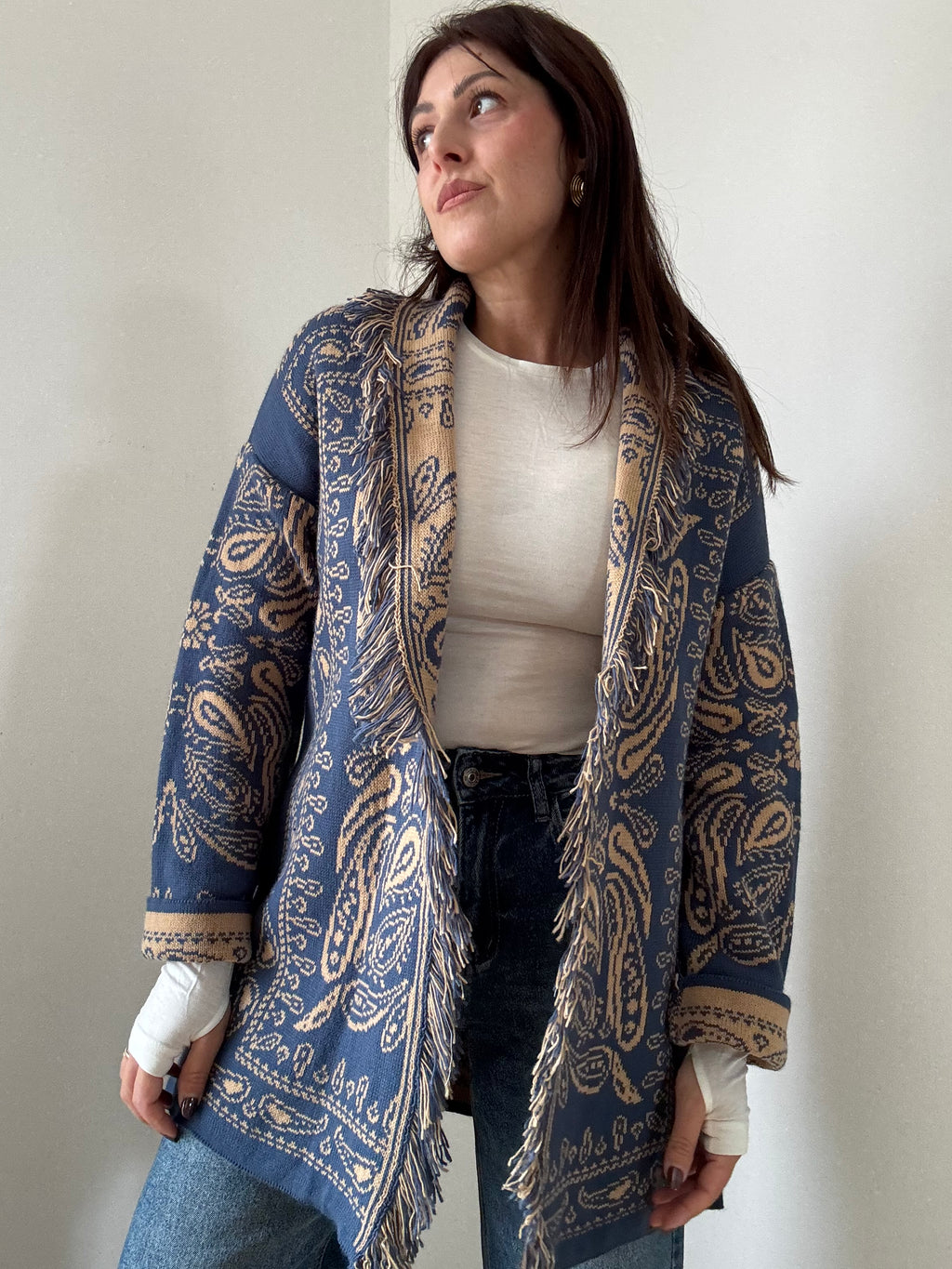 Cardigan Jacquard Bandana con Frange