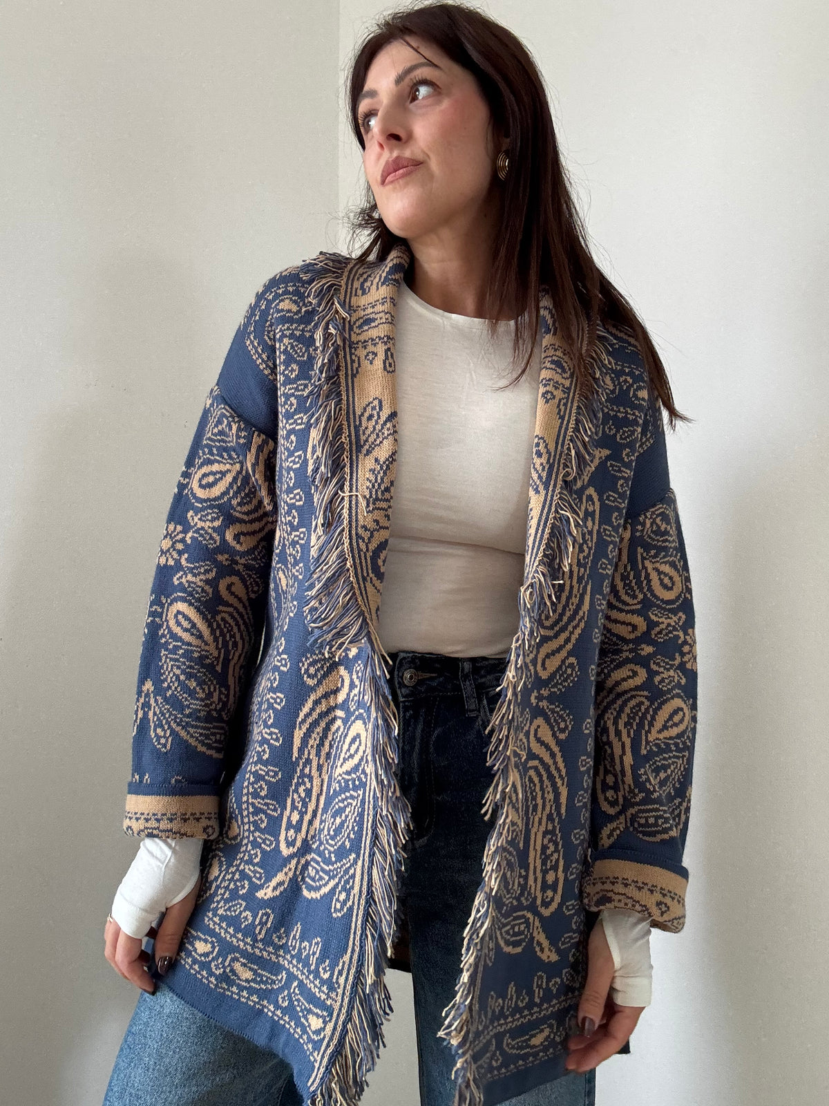 Cardigan Jacquard Bandana con Frange