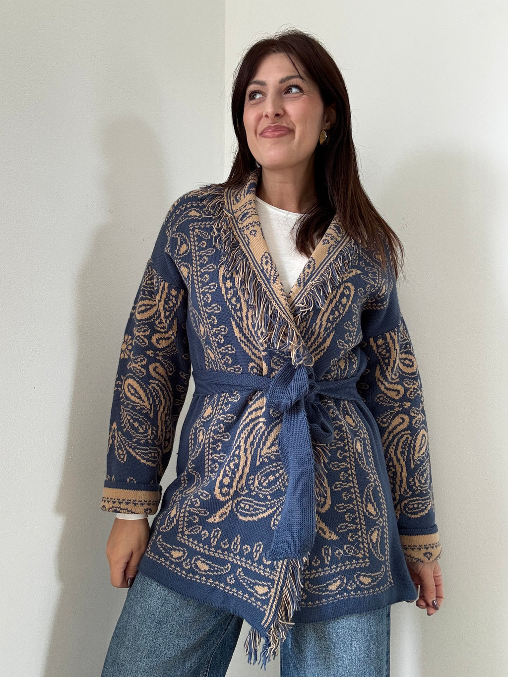 Cardigan Jacquard Bandana con Frange