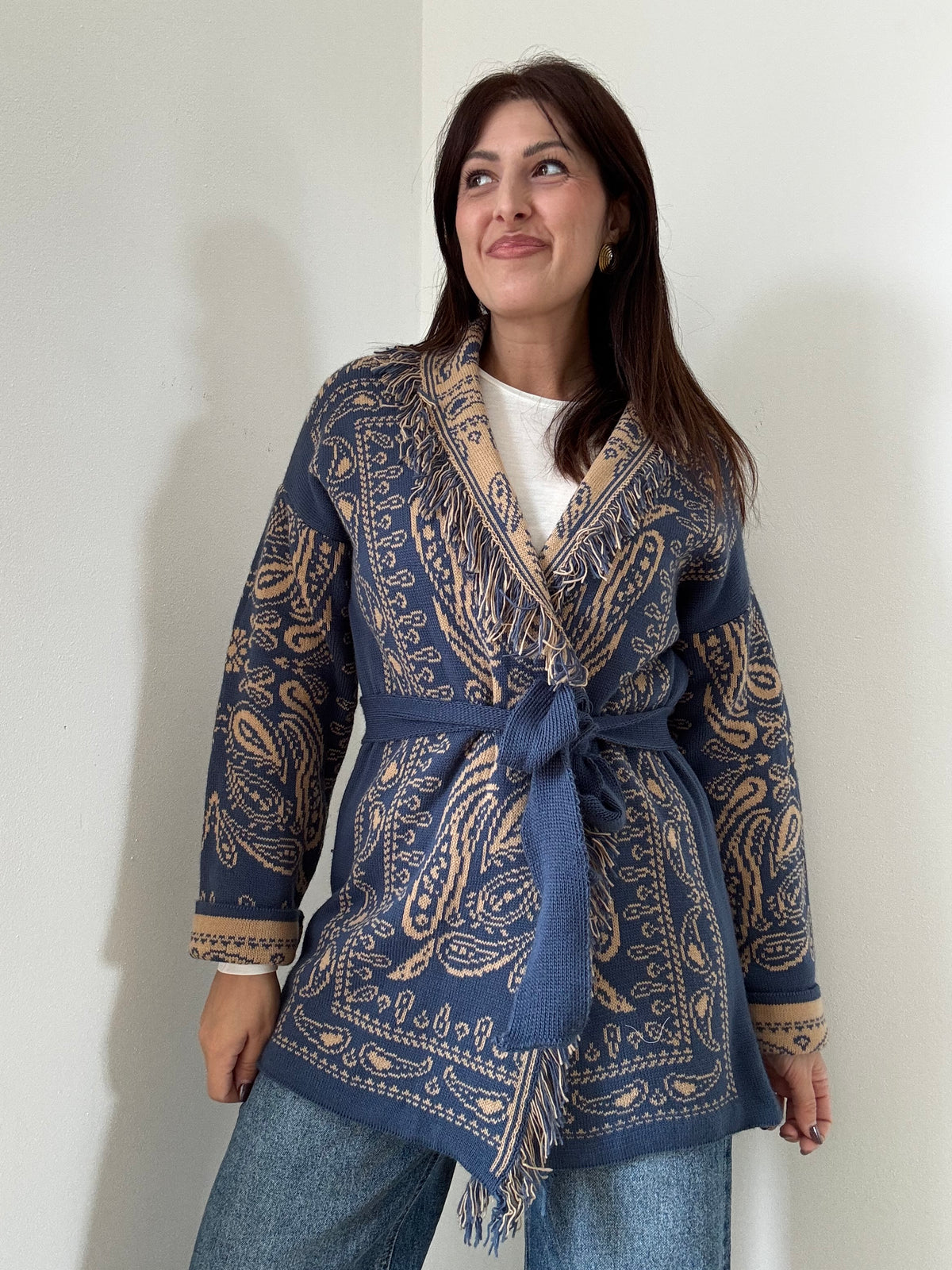 Cardigan Jacquard Bandana con Frange