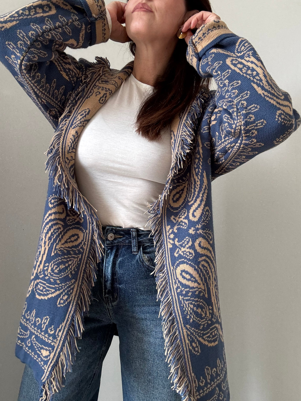 Cardigan Jacquard Bandana con Frange