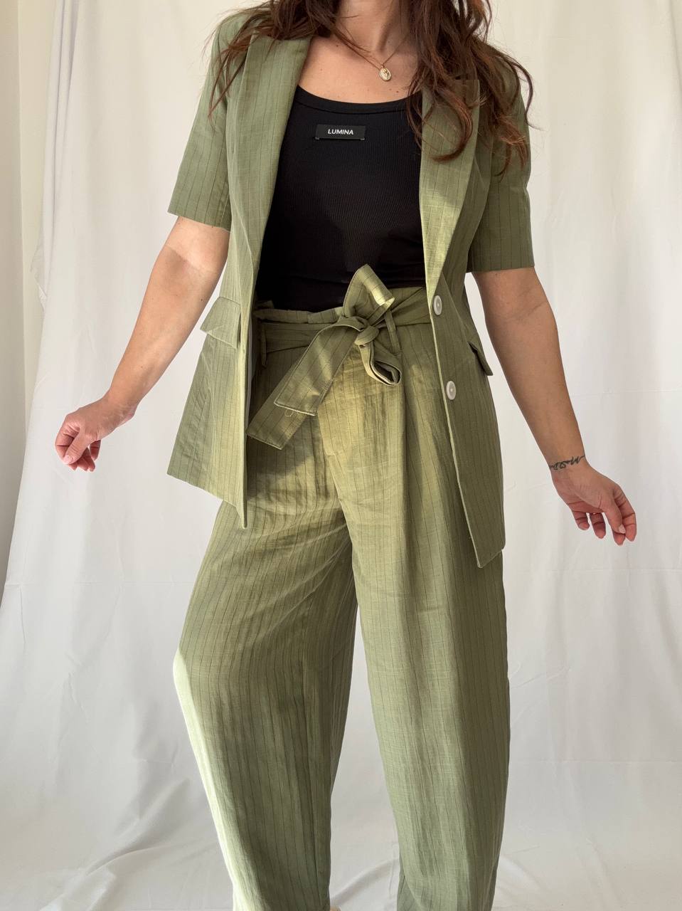 Pantaloni a righe misto lino