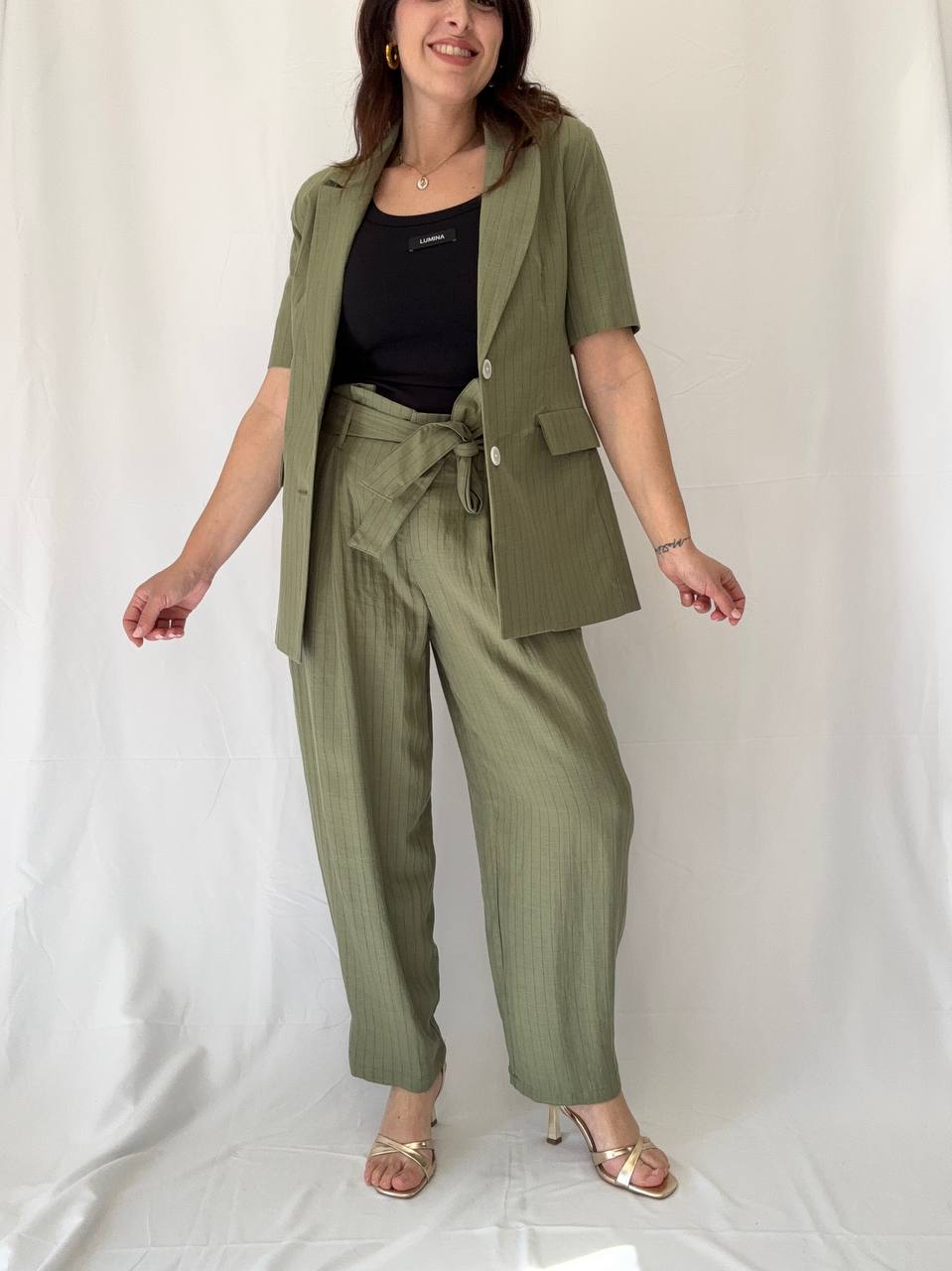 Pantaloni a righe misto lino